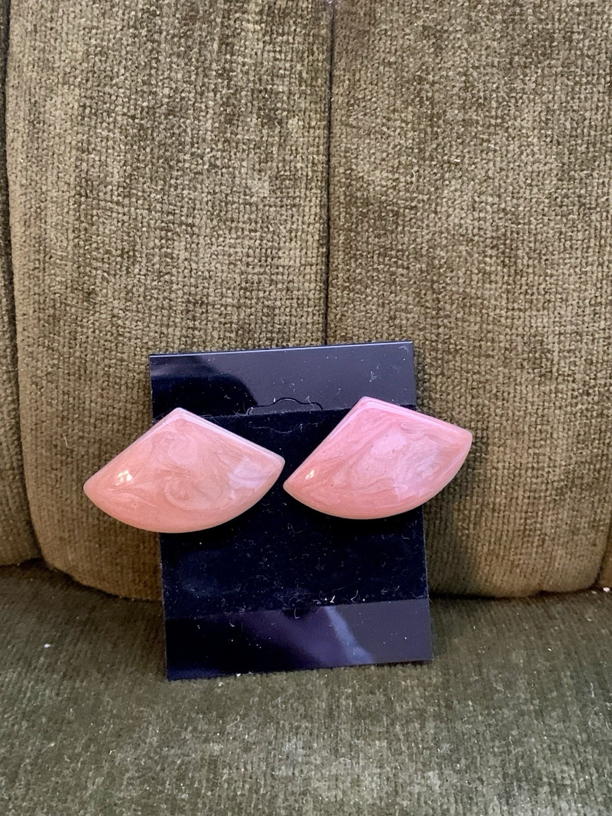 Vintage Peach Shimmer Geometric Enamel Statement Stud Earrings Gold Tone Metal