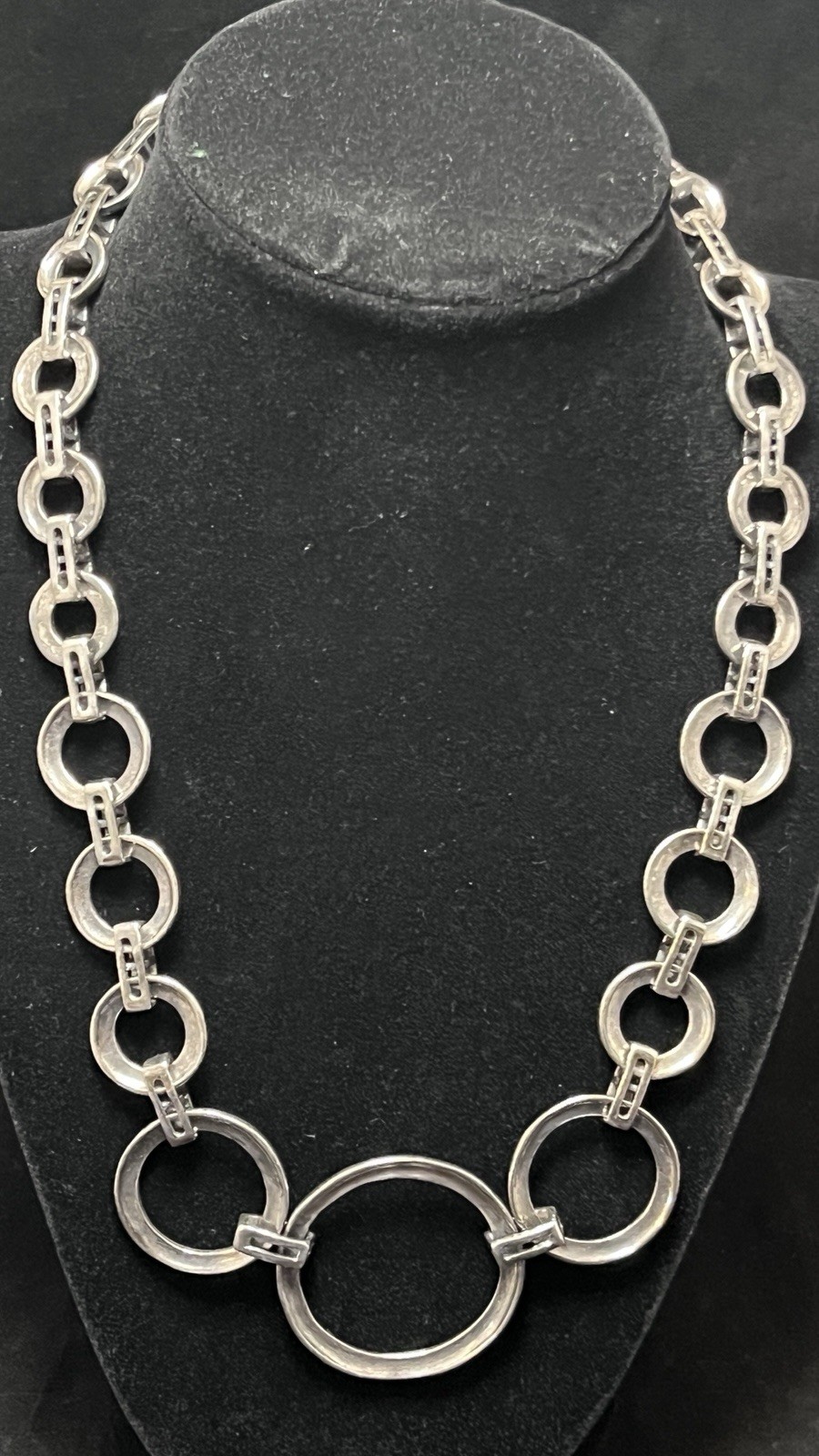 Gorgeous Deco 925 Sterling & Marcasite Circles Bar Link Necklace 19″. 76Grams