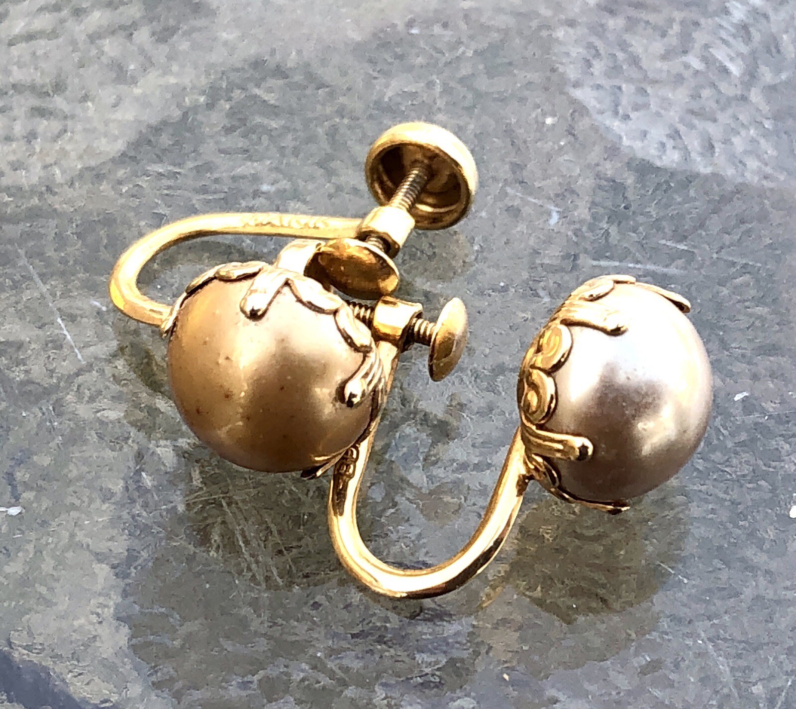 Vtg Art Deco 10K Gold BOA Faux Pearl Earrings- Budlong, Docherty, & Armstrong