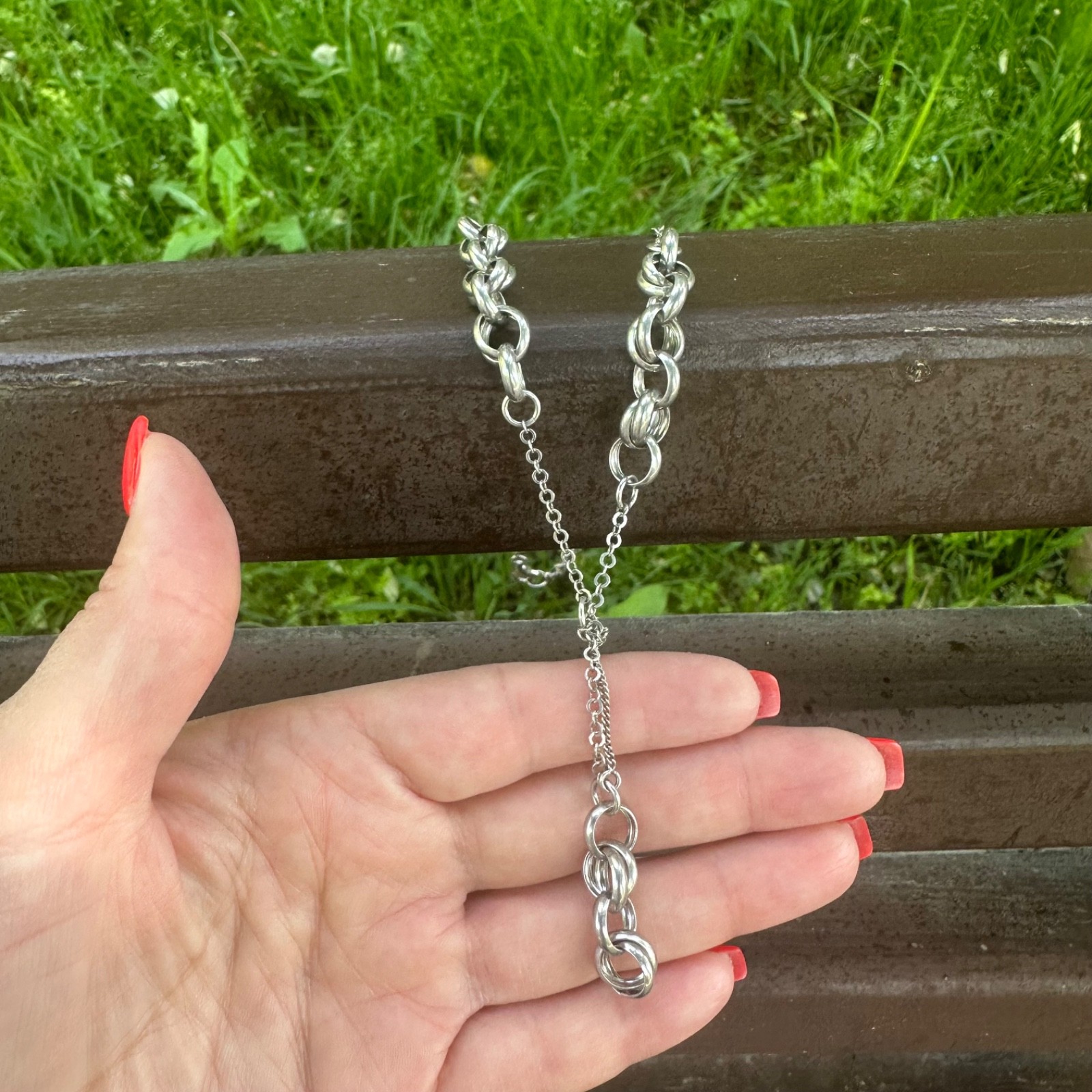 Vintage Italian Sterling Silver Lariat Double Link Rolo Chain Statement Necklace