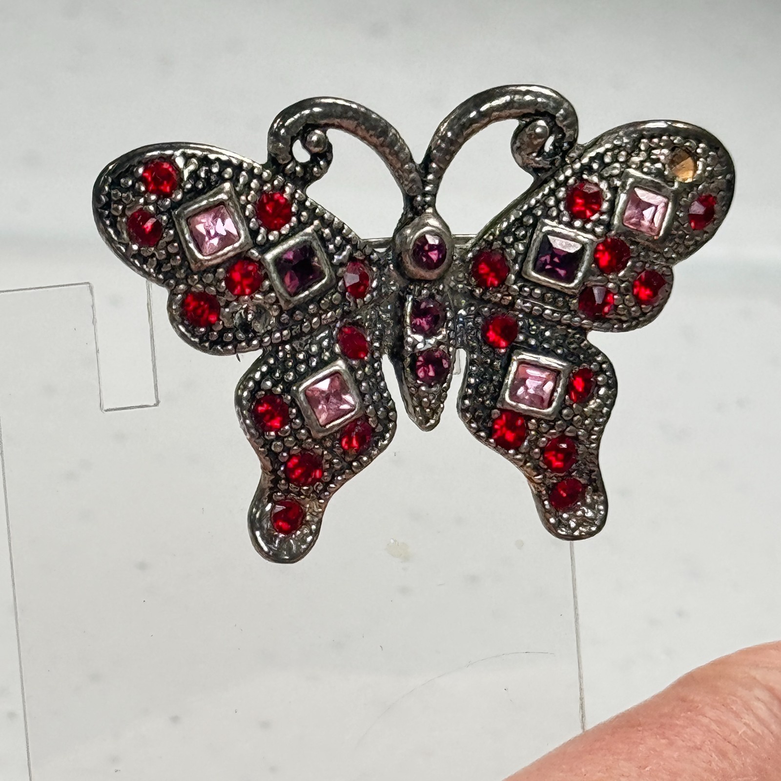 Vintage Brooch Butterfly Gunmetal Red Pink Rhinestone Pavé Statement Pin mcm