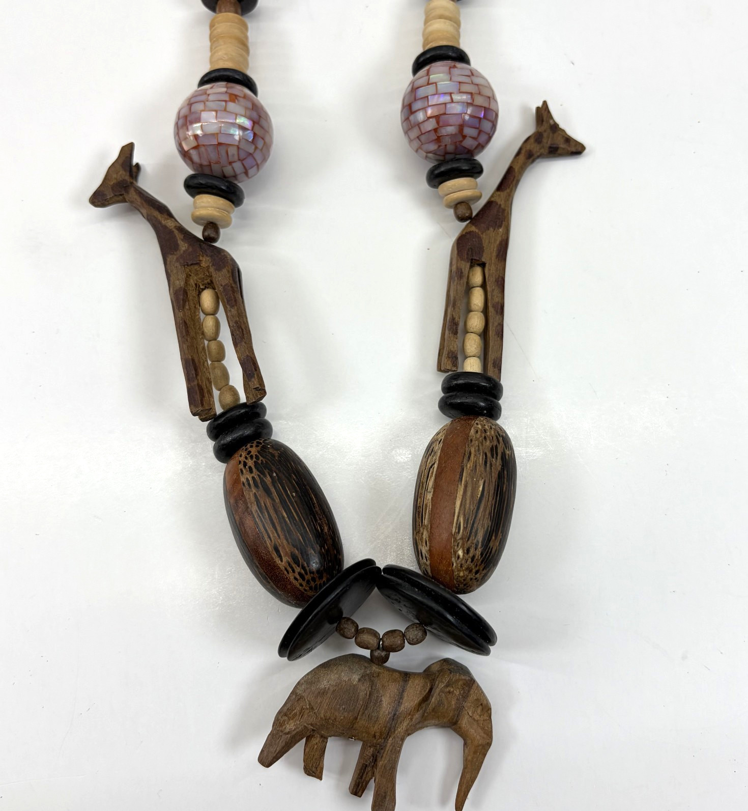 Vintage 1980s Wooden Safari Statement Necklace Boho Folk Art Whimsy Cottagecore