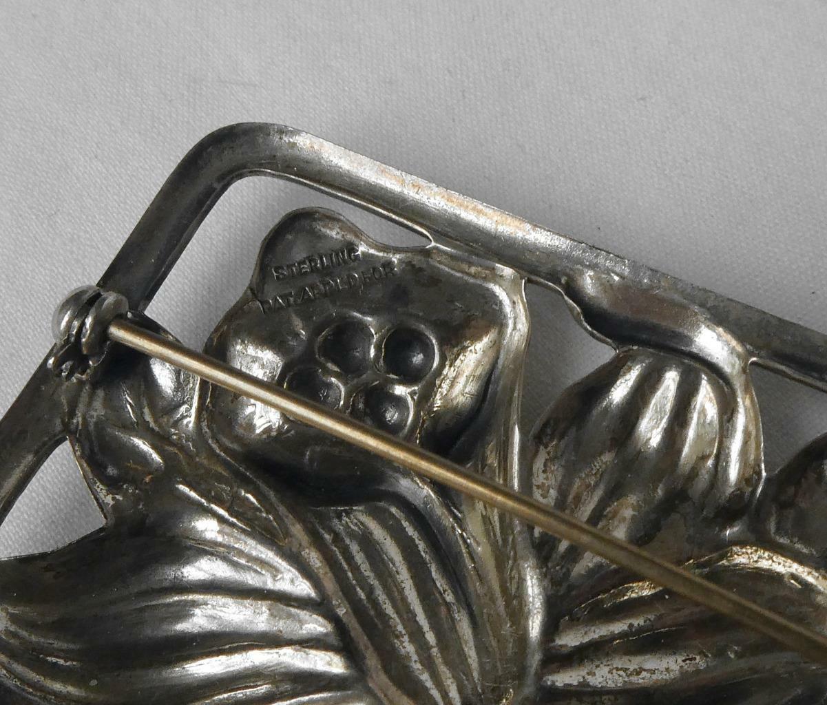 Big Vintage Sterling Art Nouveau Day Oriental Lily Repousse Brooch Patent 21.4g