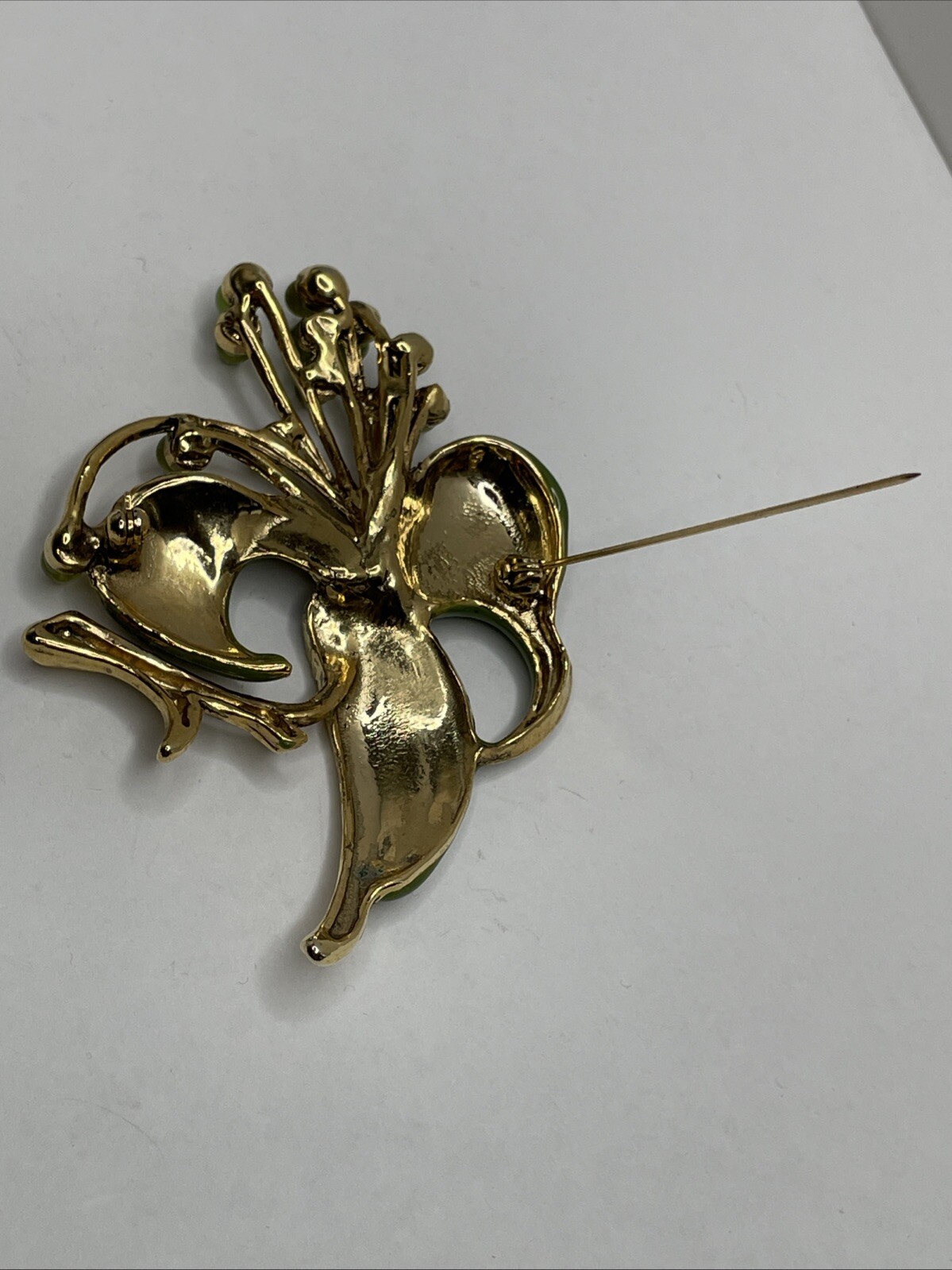 Vintage Green Enamel Floral Brooch Pin with Green Rhinestones and Cabochons RARE