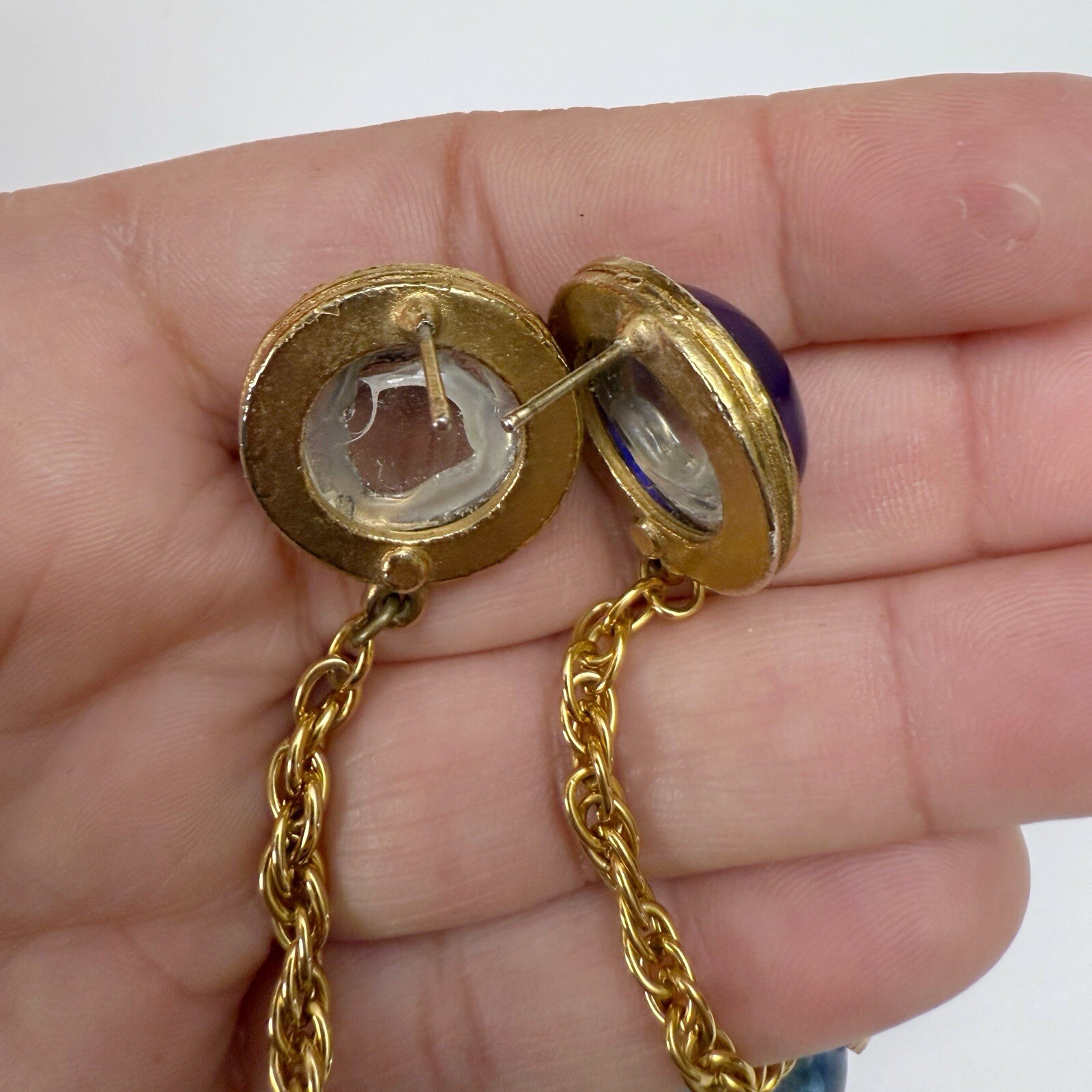 Vintage Blue Lucite Cabochon Bead Long Chain Dangle Linear Goldtone Earrings