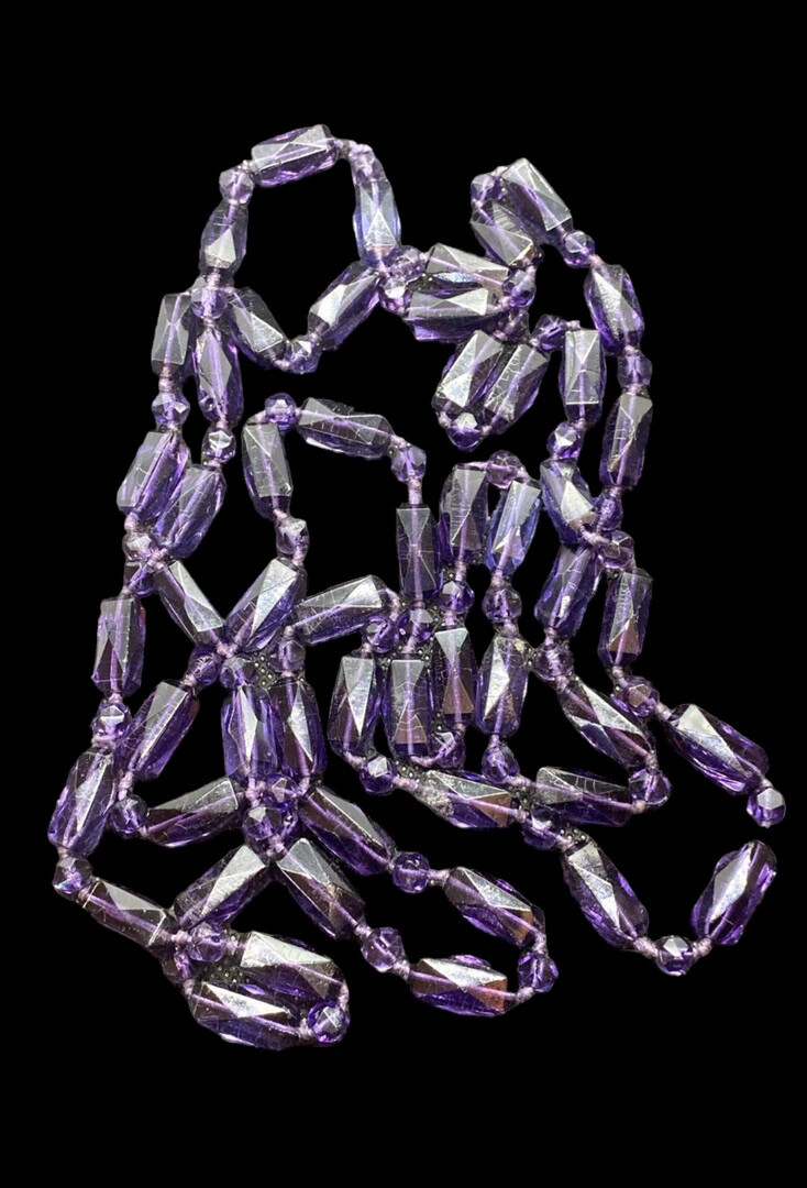 1920s Art Deco Necklace Faceted Amethyst Hand Knot Bead Opera Length 57 in