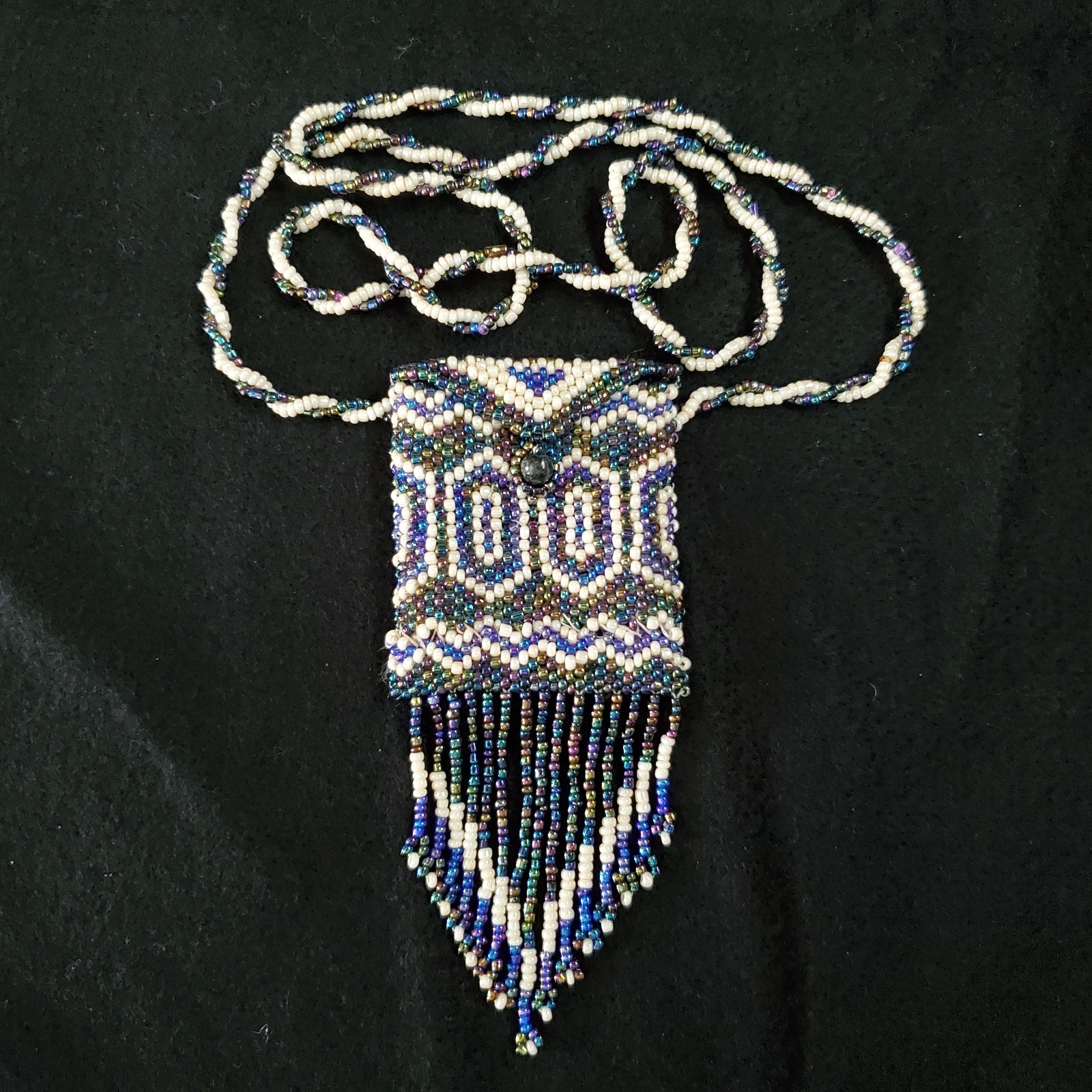 Vintage Mini Purse Necklace Seed Beaded Coin Pouch Artisan Oil Slick 24″ READ