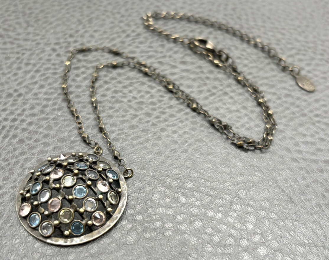 VTG Signed Sorrelli Necklace Gunmetal Silver Pink Blue Green Crystal Pendant