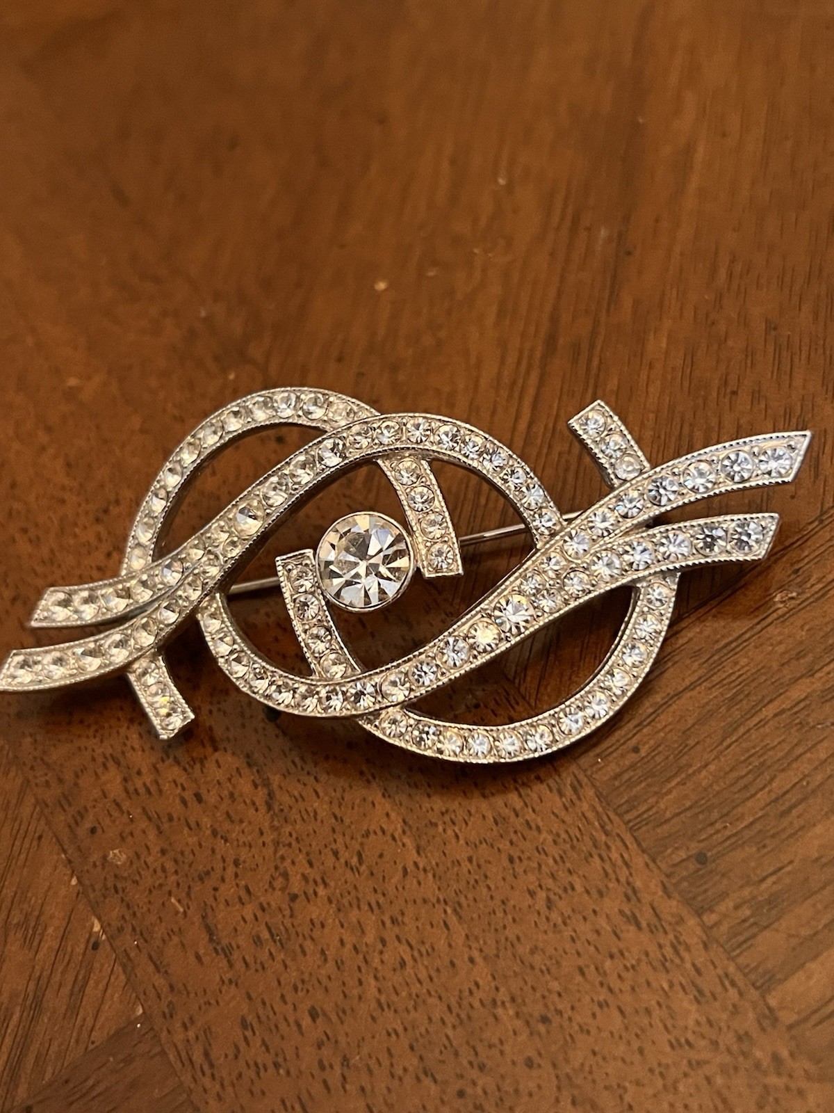 Vintage Ora Rhinestone Abstract Swirl Ribbon Brooch Silver Tone Signed Nice!