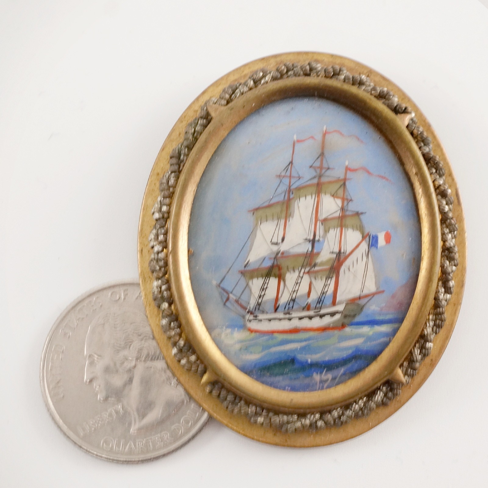 Antique Victorian Miniature Hand Painted Brooch French Clipper Sailing Ship 2″