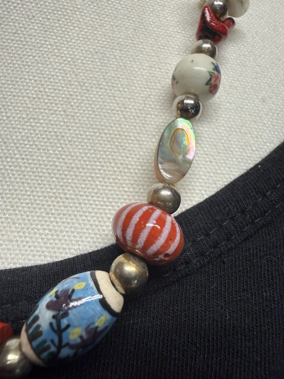 Vintage Mixed Bead Multicolor Necklace Shell Wood Ceramic Metal Glass