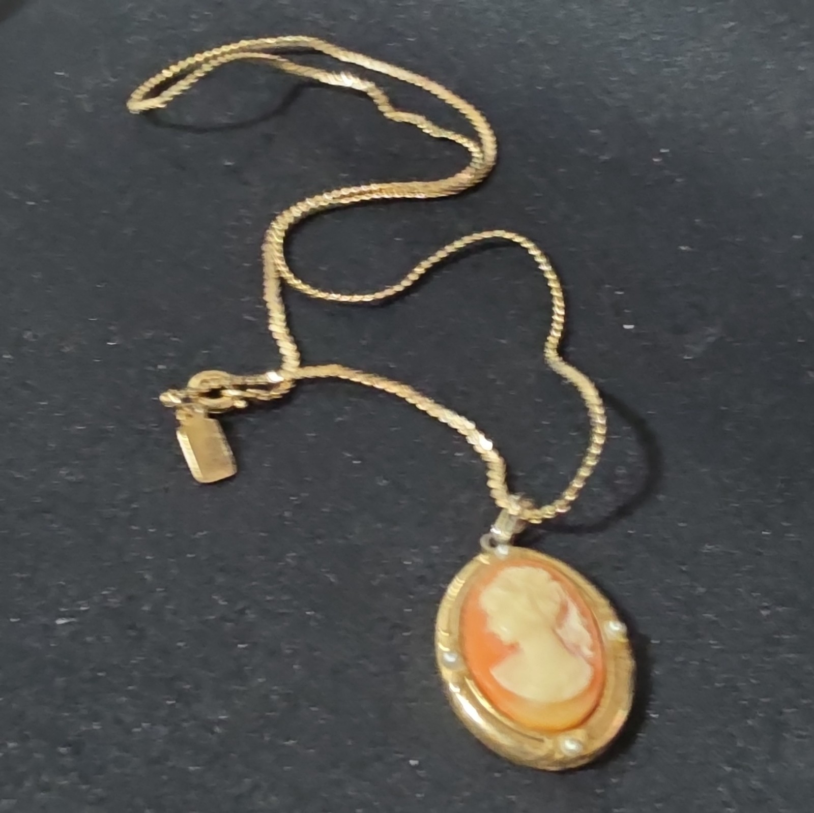 Oval Cameo Portrait Pendant Necklace, Gold Tone Setting, Orange & Cream