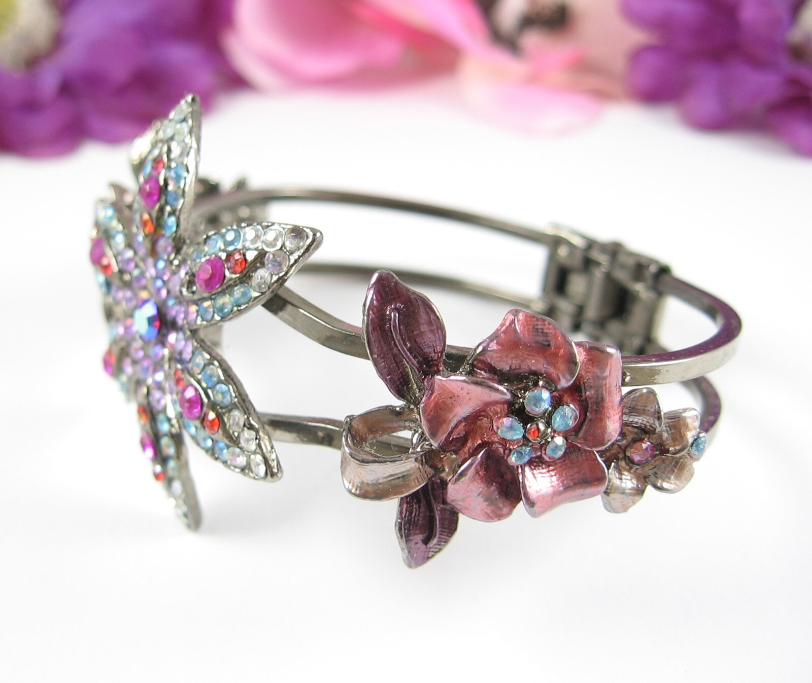 Color RHINESTONE CLAMPER BRACELET Vintage Flowers Pink Purple Gunmetal Gray