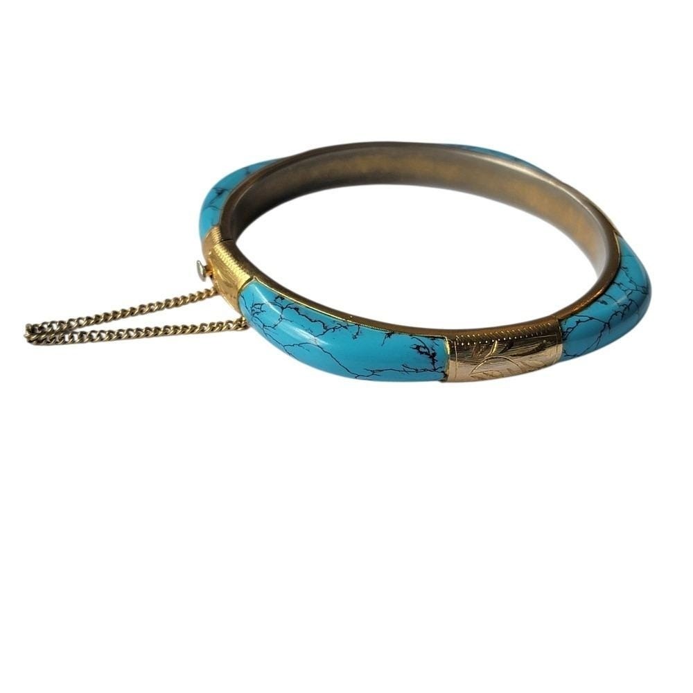 Vintage Faux Turquoise Hinged Bangle Bracelet Gold Tone Mid Century Size 6.5