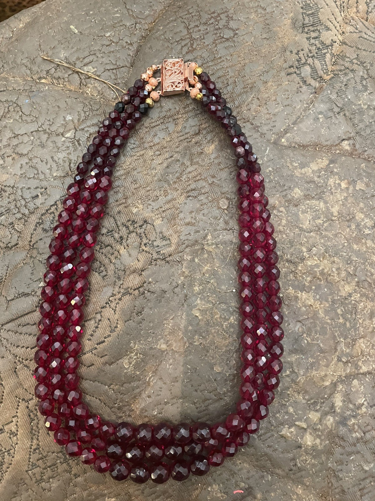 Retro Bordeaux Garnet Czech Fire Polished Faceted Crystal Bead 3-Strand Necklace