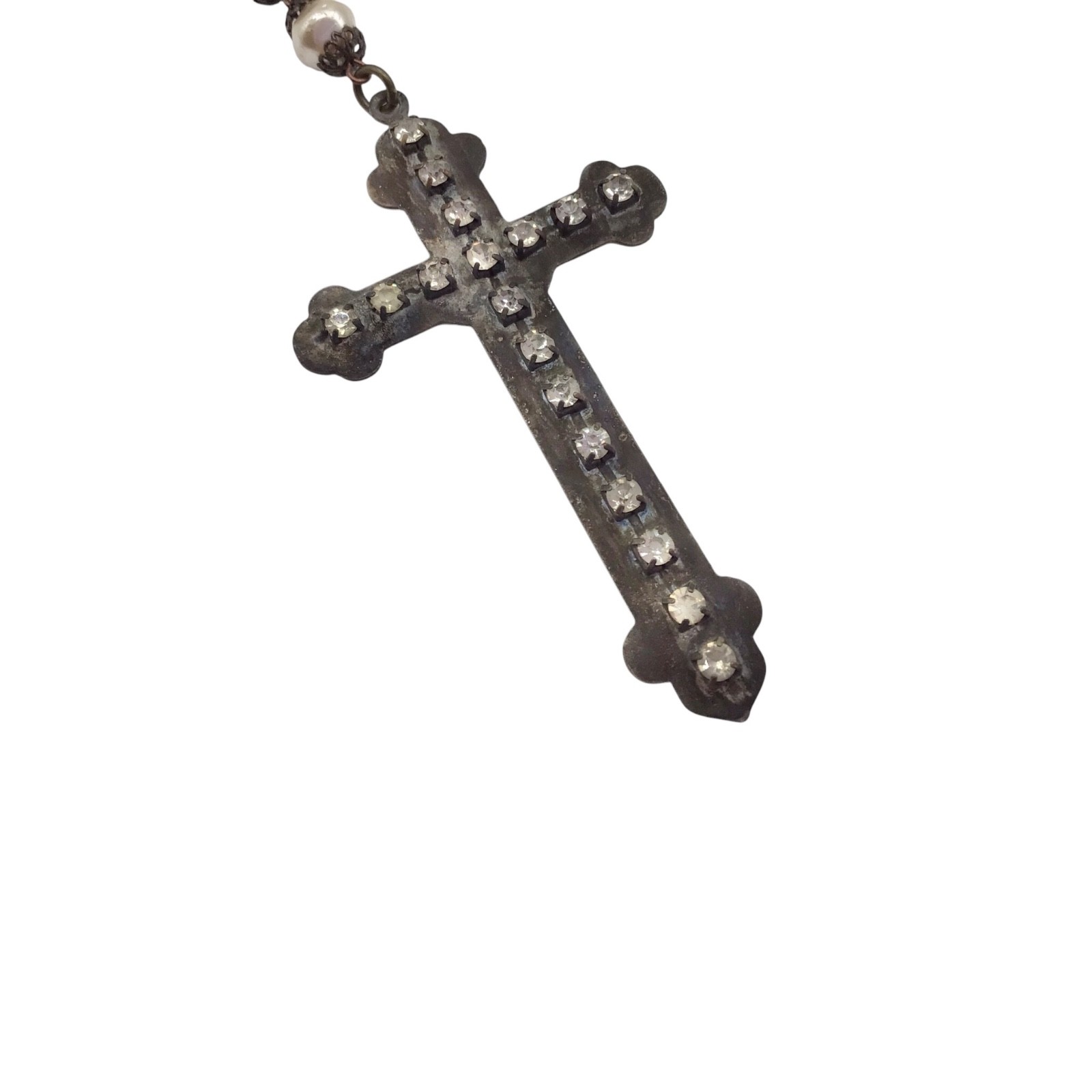 Vintage Faux Pearl Cross Pendant Necklace, Rosary Style, Gothic Victorian