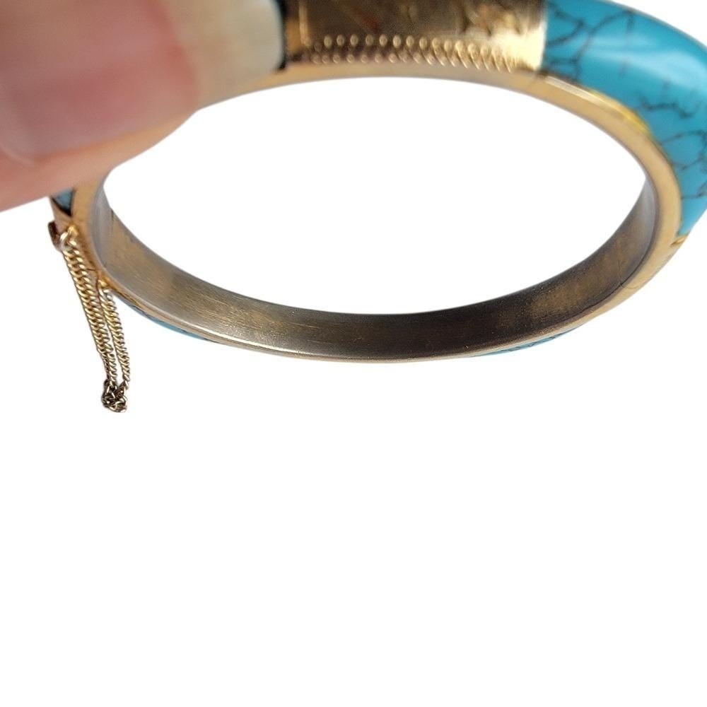 Vintage Faux Turquoise Hinged Bangle Bracelet Gold Tone Mid Century Size 6.5