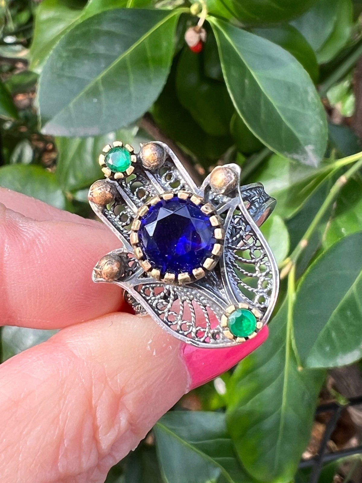 VINTAGE HAMSA VIVID BLUE GREEN PASTE GLASS STONES 925 STERLING SILVER UNIQUE