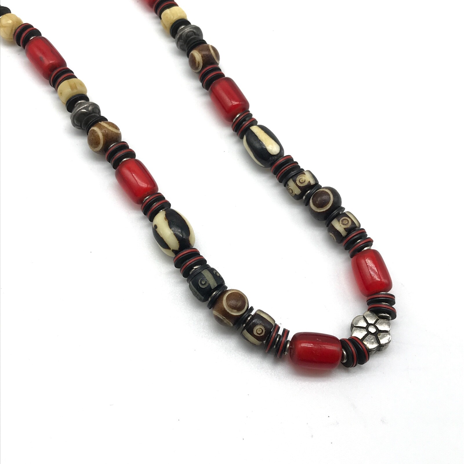 Vintage Unique Red Black Multicolor Boho Flower Beaded Ladies Necklace 19″
