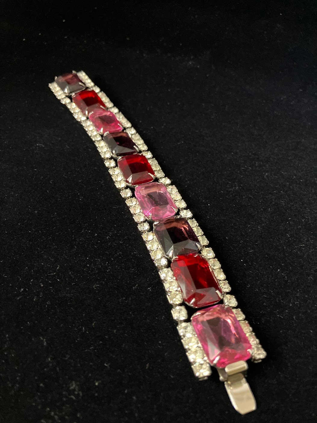 Vintage Rhinestone Panel Bracelet Square Cut Chunky Bling Purple Pink Red Clear