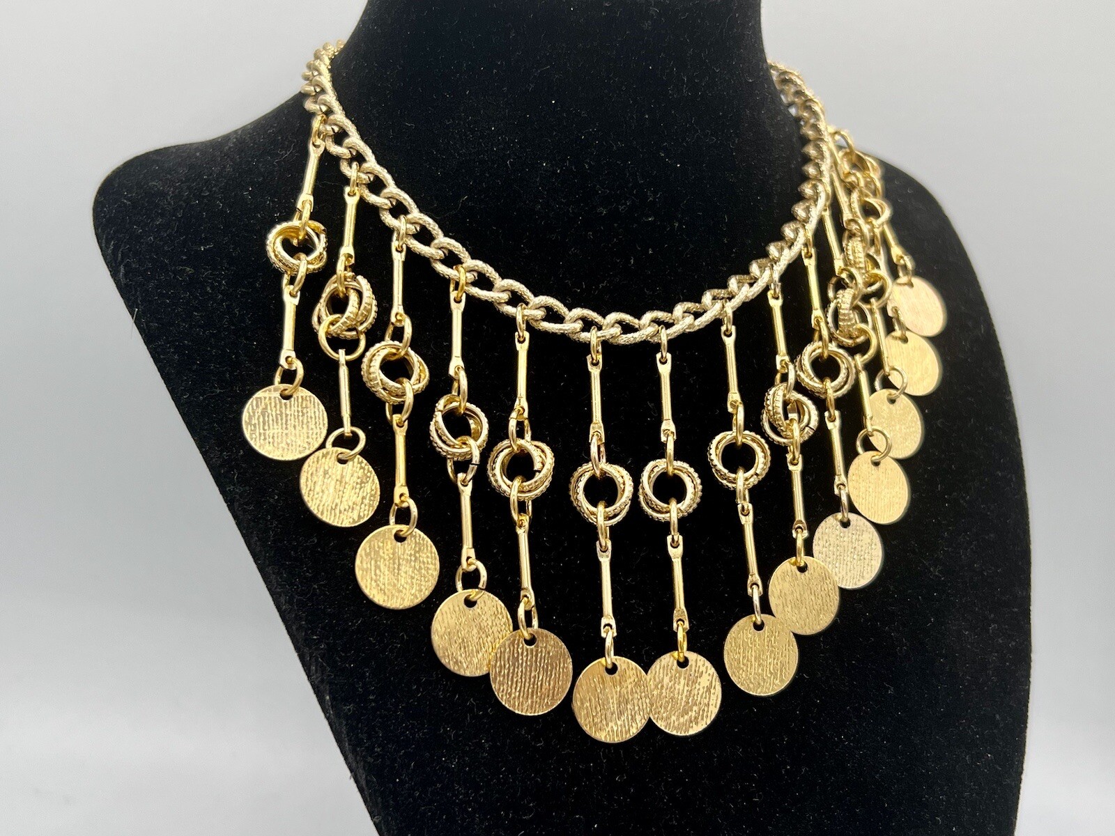 Vintage 1980s New Old Stock Gold Statement Necklace Choker Tribal Fringe
