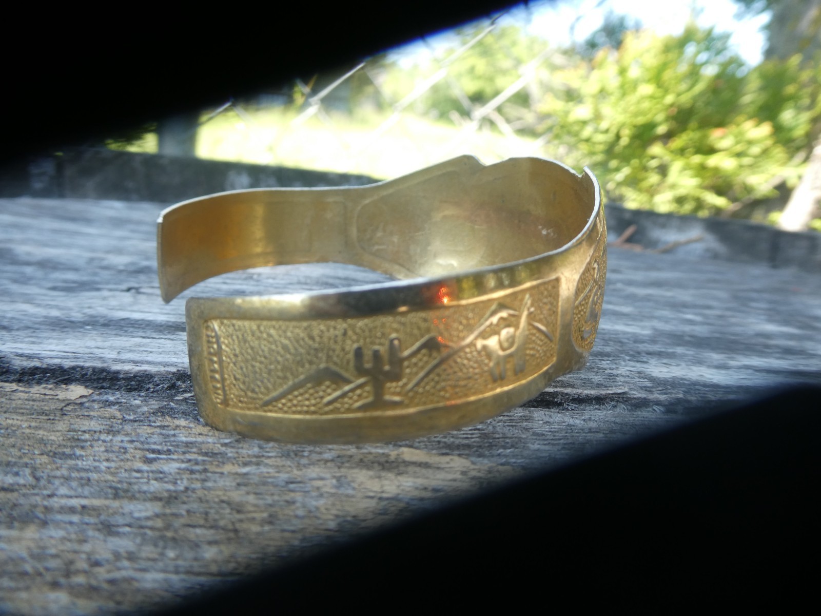 Inca Revival Brass Cuff Bracelet Gold tone Vintage