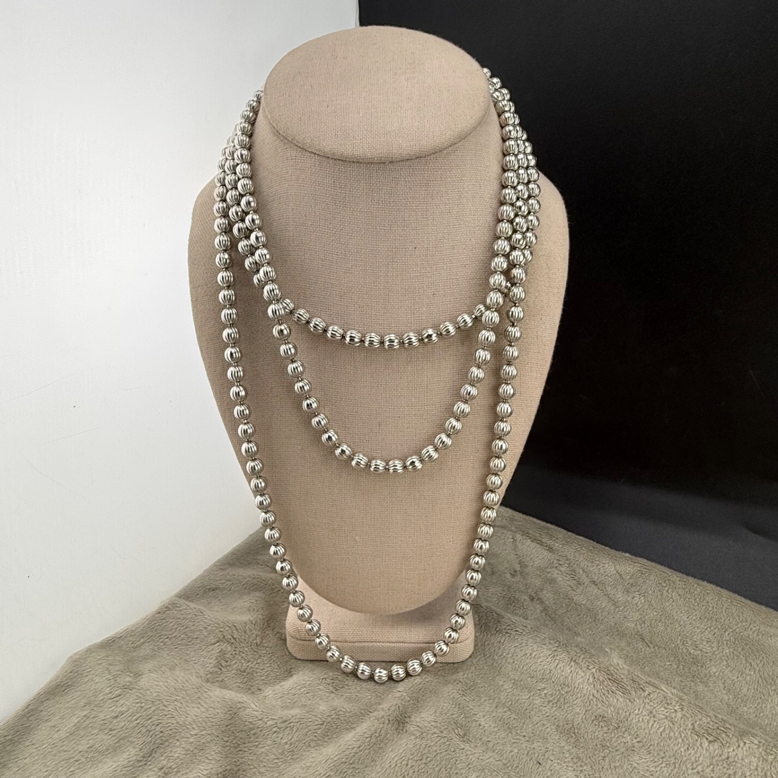 Vintage Metal Beaded Necklace Silver Tone Long Flapper Multi Wrap 60”