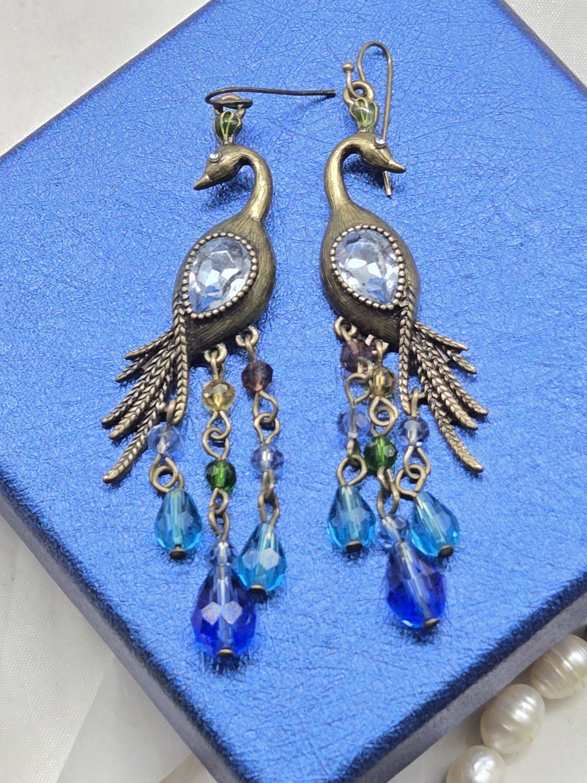 Vintage Peacock Dangle Drop Post Earrings Multicolor Crystal Faceted Beads