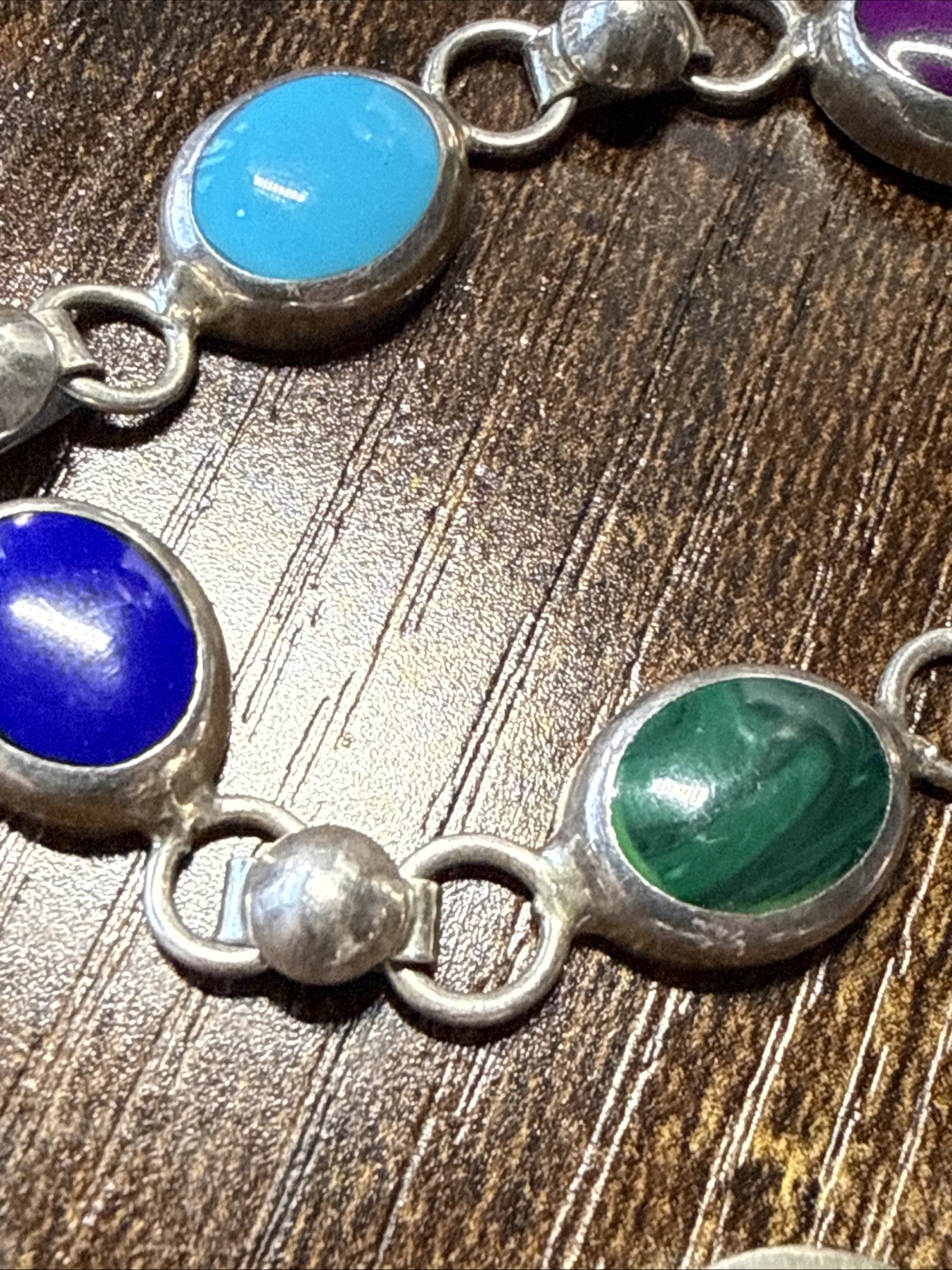 ATI Mexico Bracelet Link Multicolor Multi-Stone Handmade 8.5”Sterling Silver 925