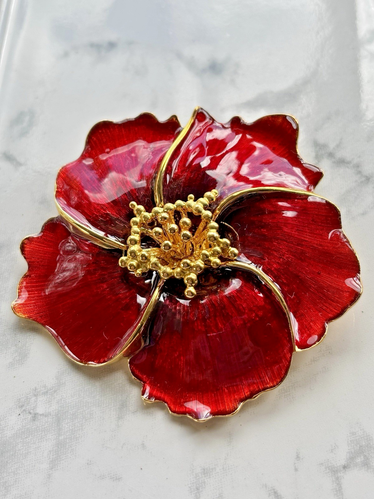 Vintage Alana Stewart Red Enamel Gold Tone Poppy Flower 3″ Brooch Pin/ Pendant