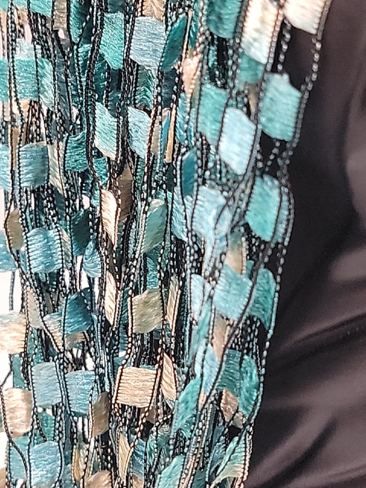 Scarf Ribbon Necklace Turquoise White Block Pattern 24″ Necklace VTG