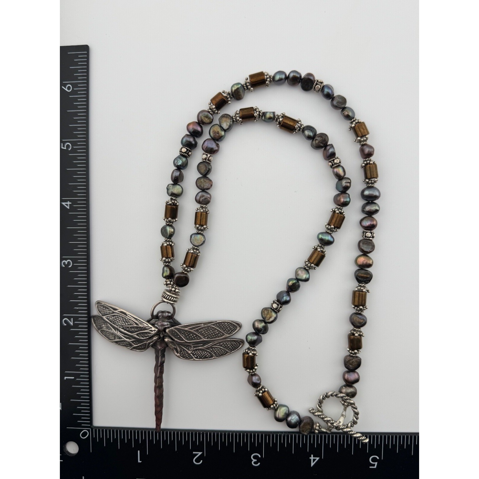 Vintage 1999 Robert Bob Burkett Signed Dragonfly Pendant Beaded Pearl Necklace