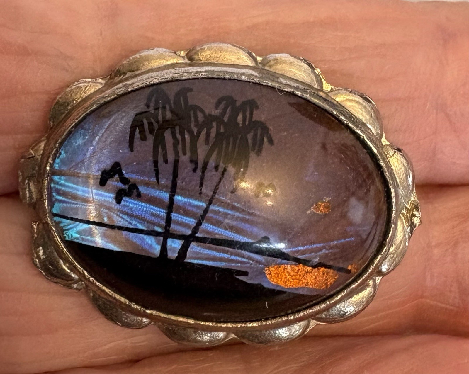 Art Deco Era Vintage Butterfly Wing Brooch Luminous Palm Tree Beach Glass Bubble
