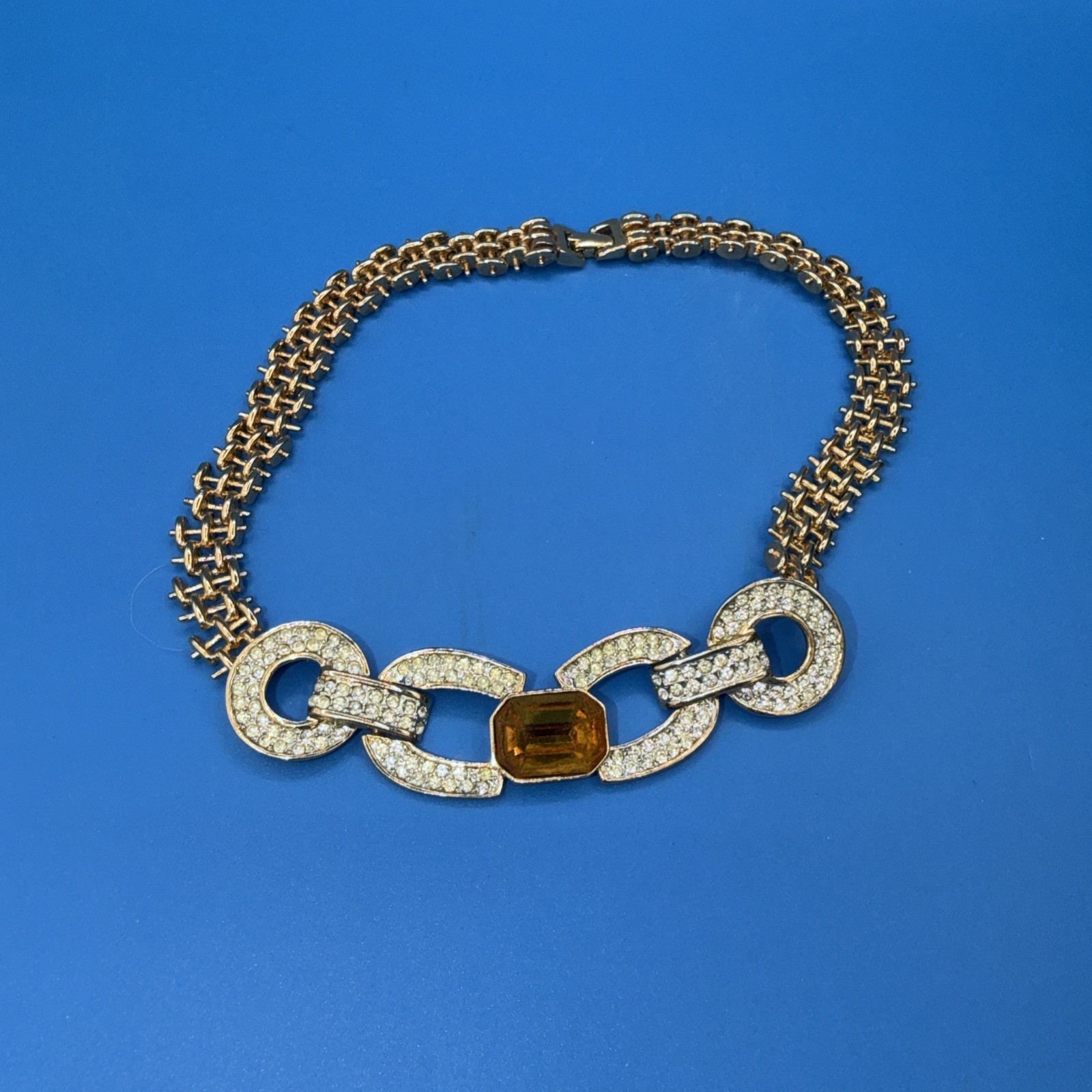 Vintage Gold‑Tone Pavé Link Necklace w/ Yellow Gemstone & Rhinestones