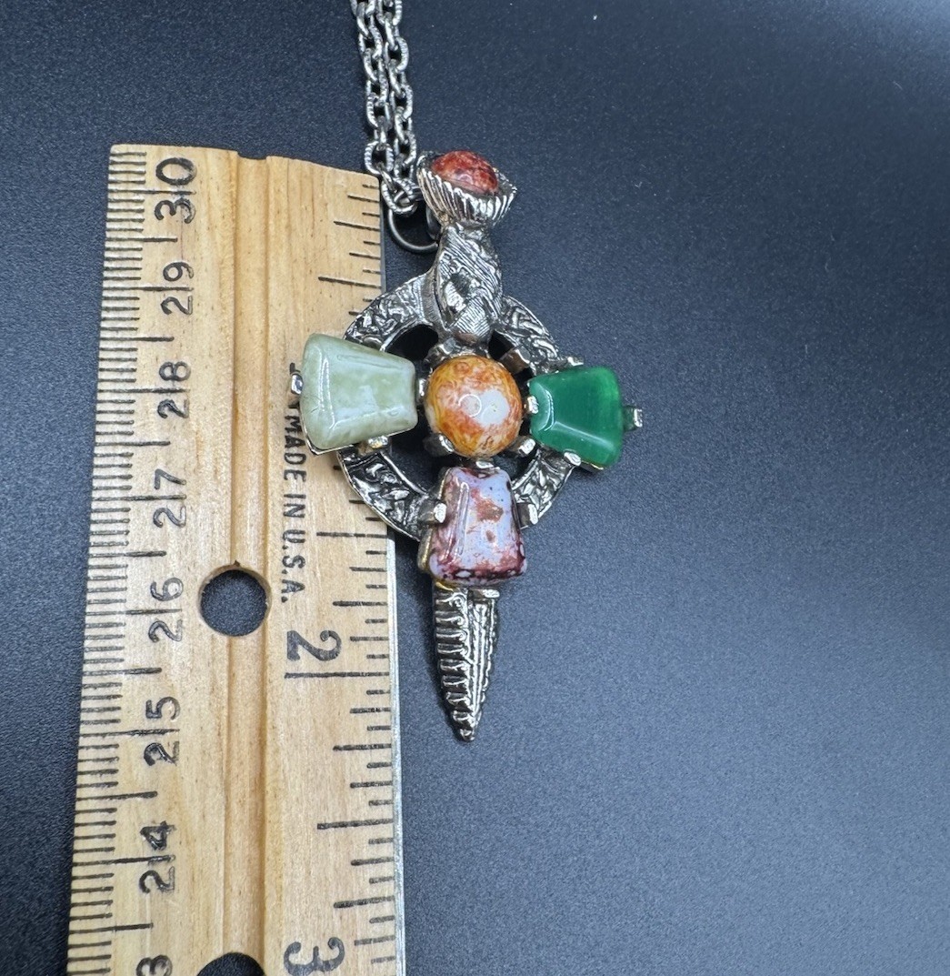 VTG Celtic Scottish Cross Pendant Necklace Multicolor Glass Stones 22″ inch