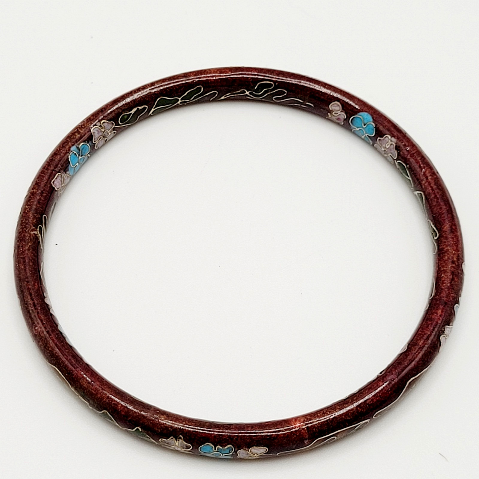 Cloisonné Deep Red Enamel Floral Hand Painted Asian Inspired Bangle Bracelet