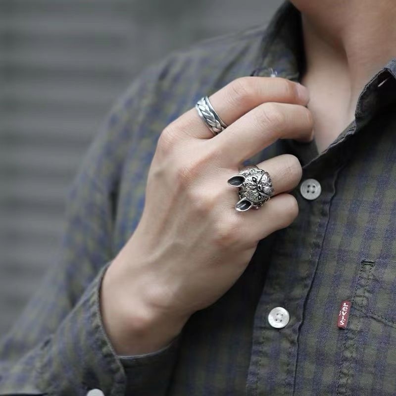 Gothic Punk Bulldog Pit Bull Pug Dog Head Animal Shape Adjustable Ring Pet Lover