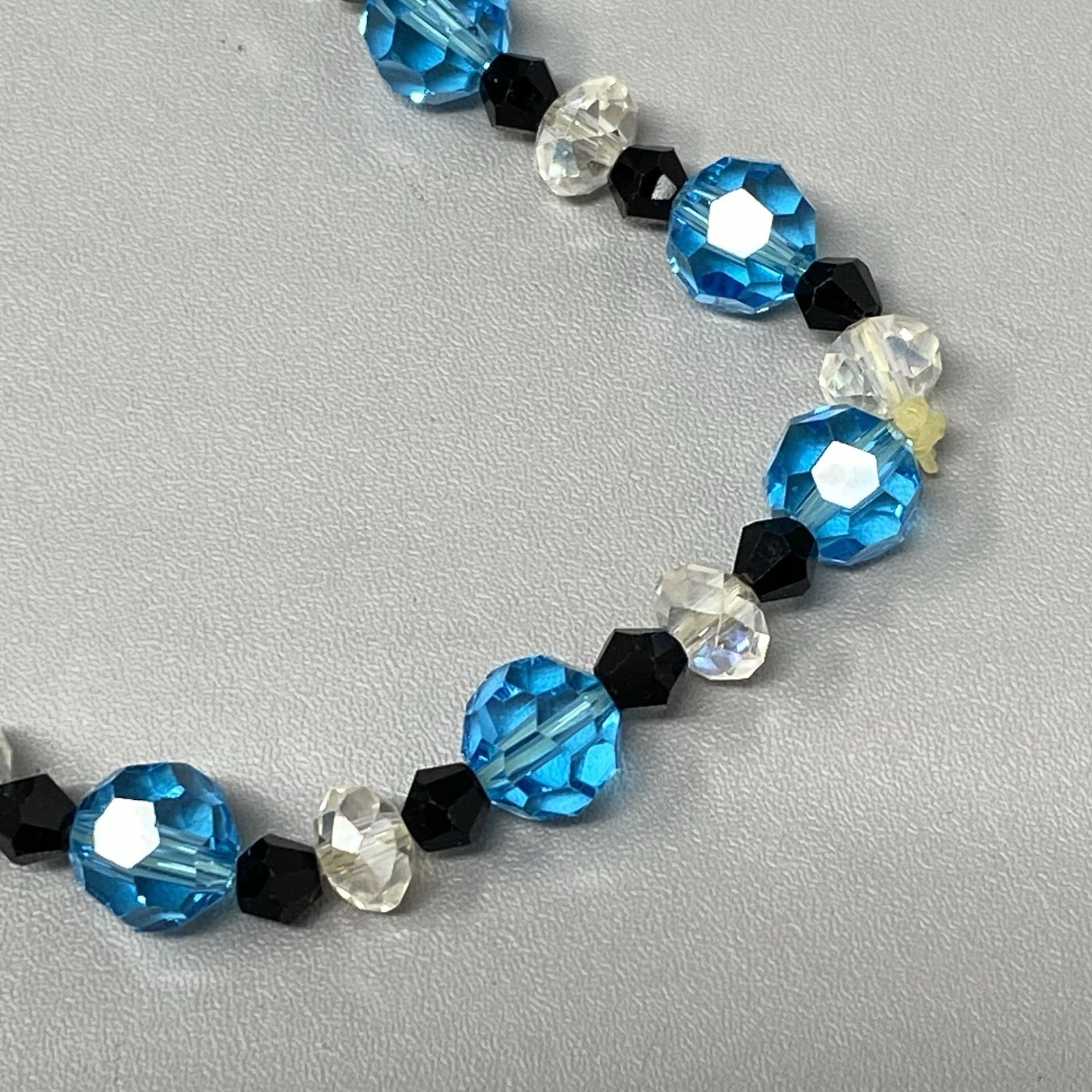 Blue Glass Beaded Bracelet Clear Black Faceted Fire Polished Stretch Elastic 7″