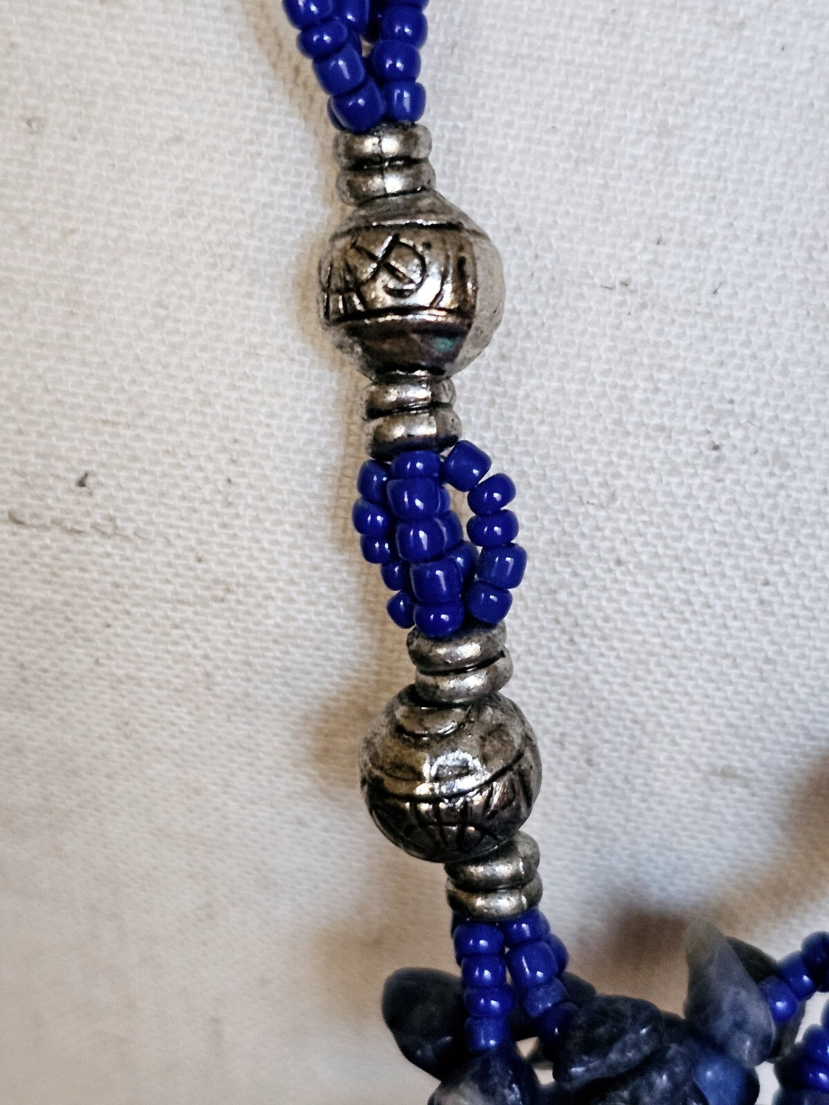 Vintage Glass Beaded Tassel Necklace Blue Native Boho Sodalite Southwestern