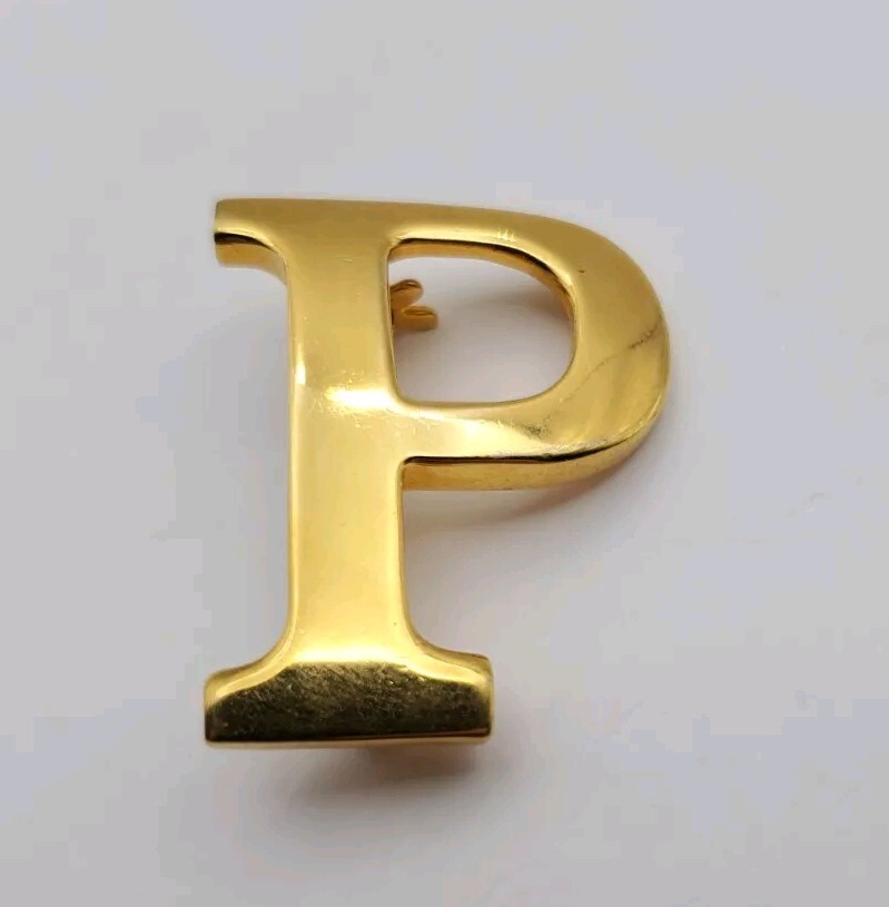 Vintage Anne Klein Signed Gold Tone Initial Letter P Brooch Monogram 1.325″