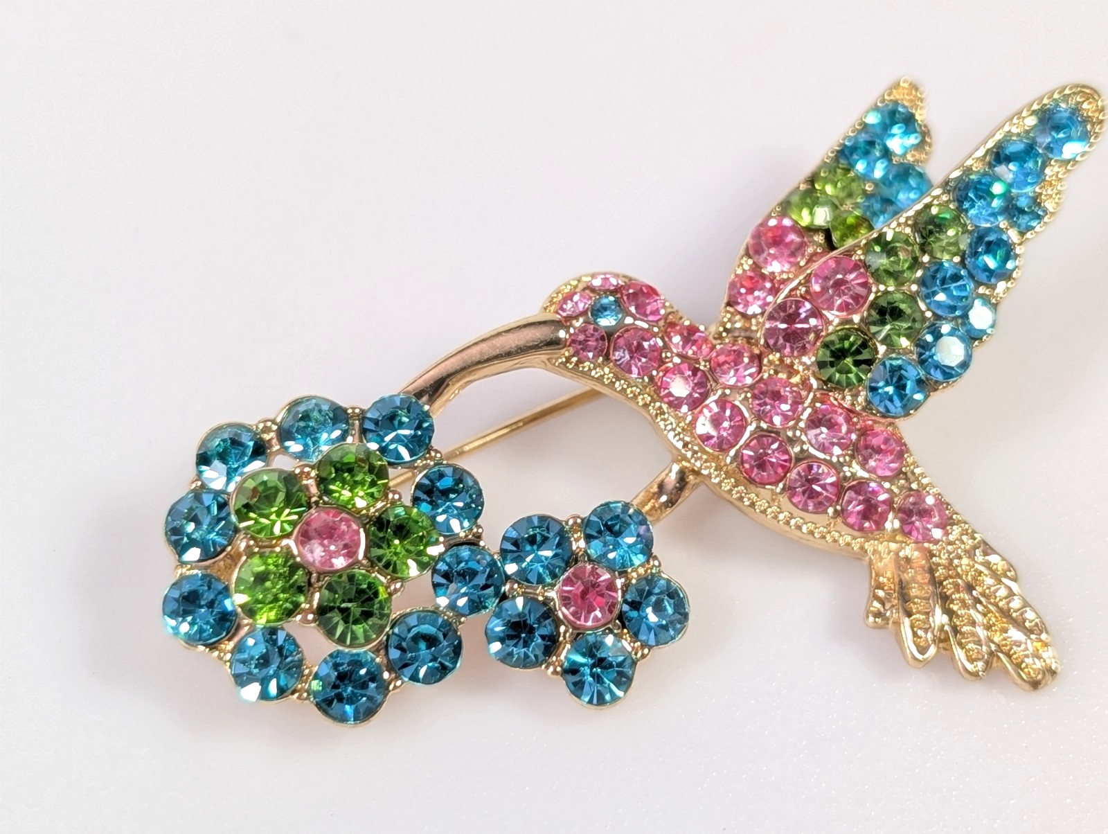Vtg Signed MONET Vivid Blue Green Candy Pink Hummingbird Bird Flower Brooch Pin