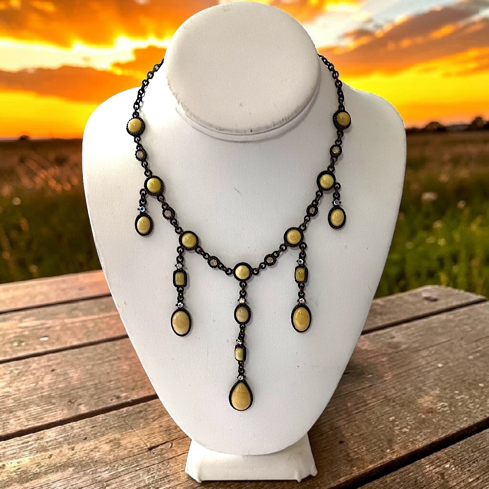 Vtg 90s Chandelier Bib Necklace Statement Egg Yolk Cabochon Art Nouveau Collar