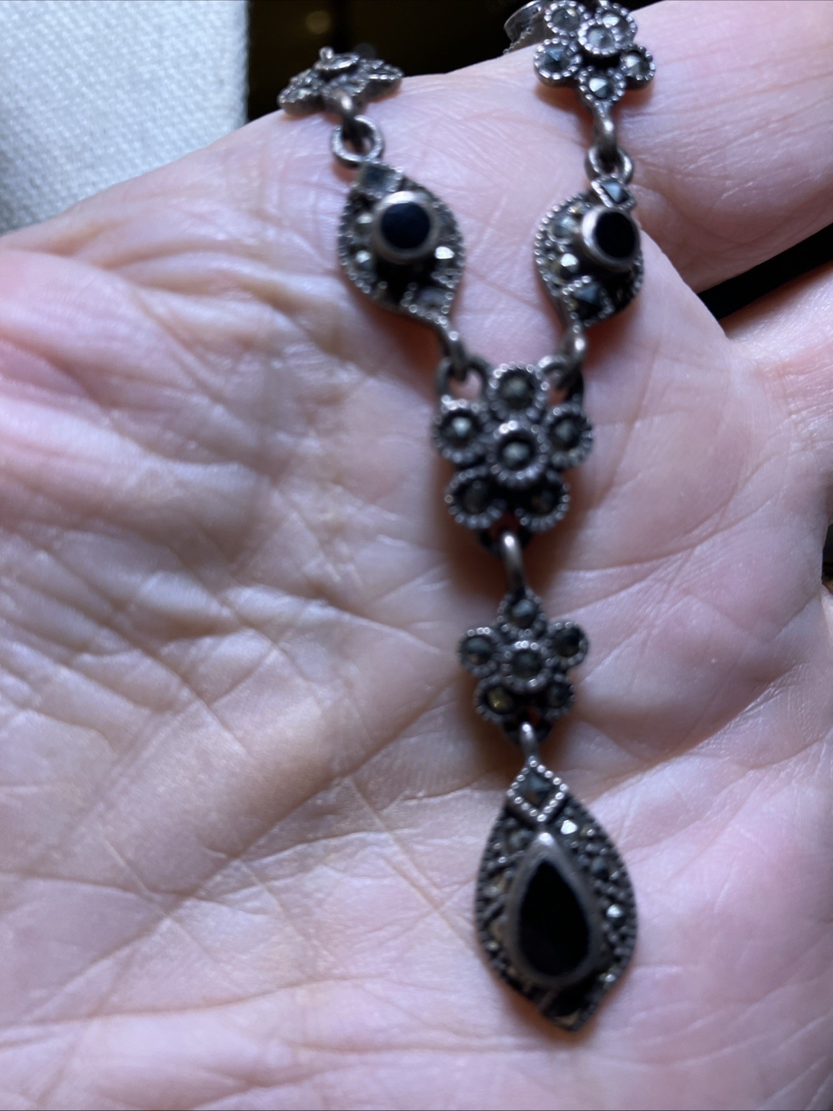 Vintage Victorian Black Onyx, Marcasite, Sterling Silver Lavalier Y Necklace