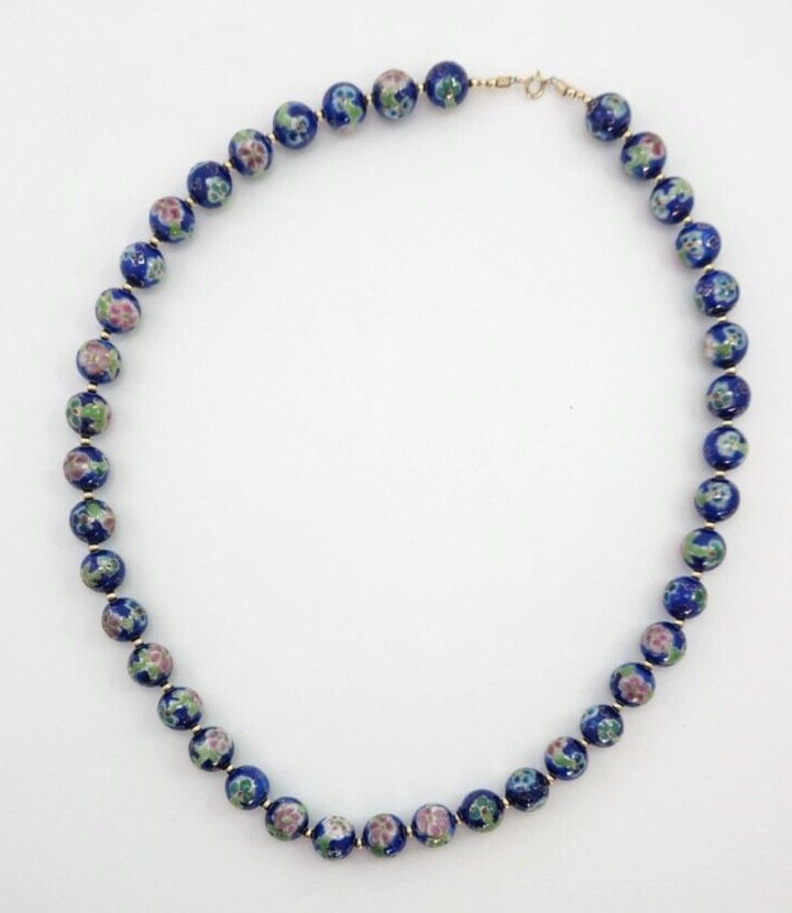 Vintage Japanese Cloisonne Bead Floral Necklace, Blue Pink and Green 22 Inches