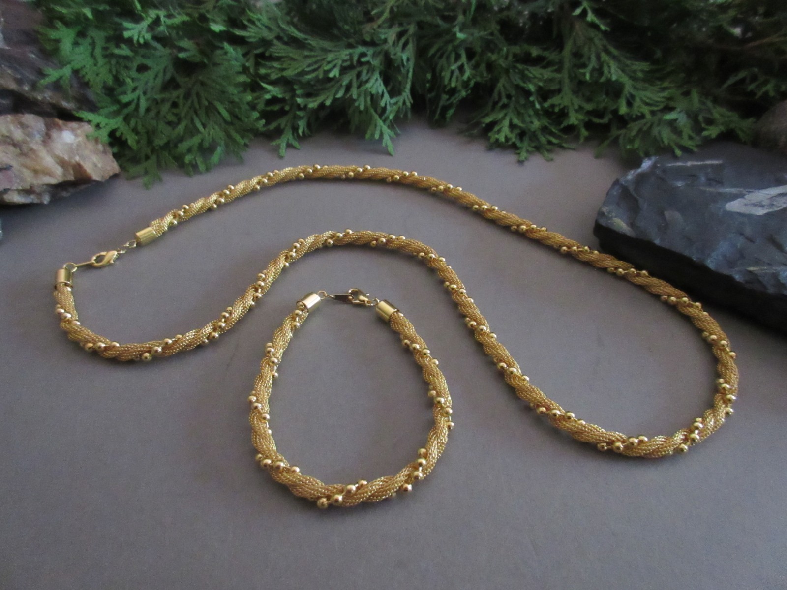 Vintage Gold Tone Twisted Mesh Rope Beaded Necklace & Bracelet Set