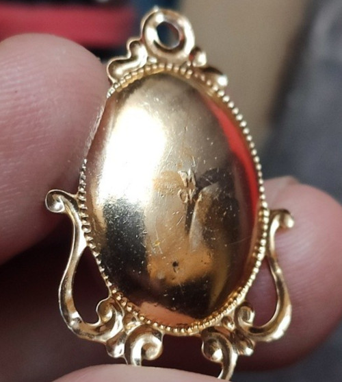 Vintage 1980 Soviet Gold-Tone Pendant Odessa Jewelry Factory USSR Pink Cabochon