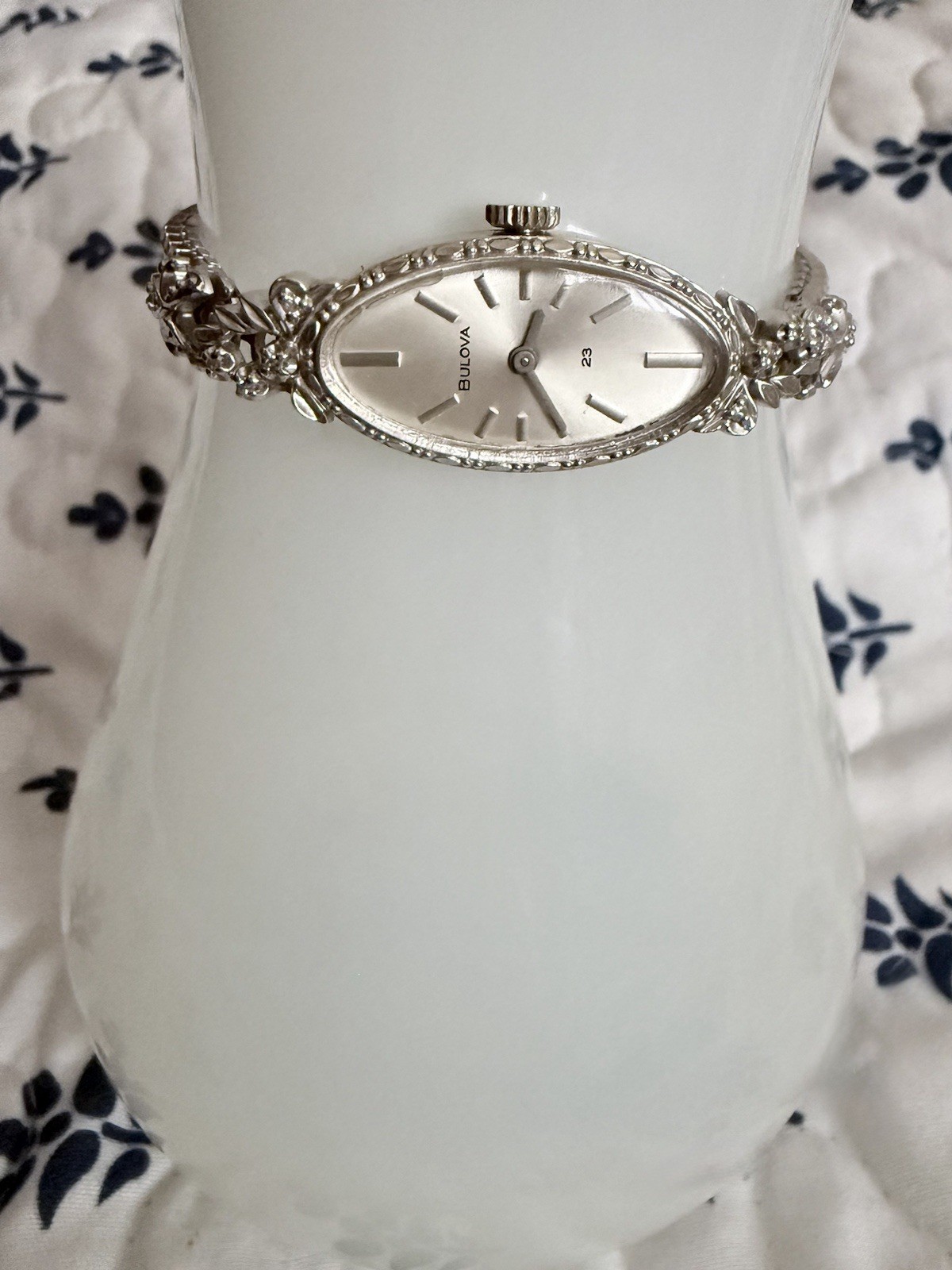 Vintage Bulova Ladies Watch-14K White Gold Cocktail With 8 Lovely Small Diamonds