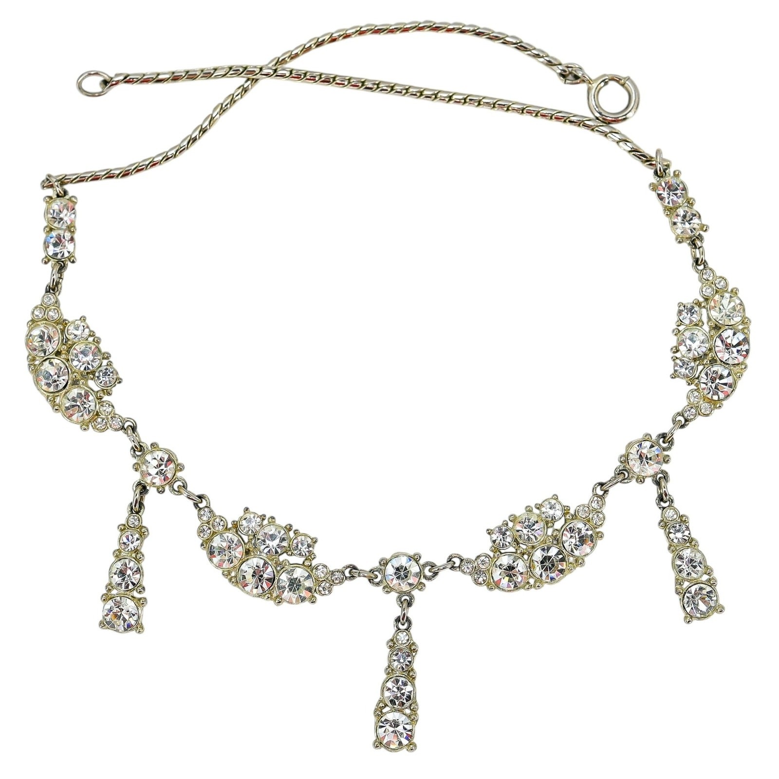 Vintage Edwardian Revival Rhinestone Festoon Necklace Dangle Garland Silver Tone