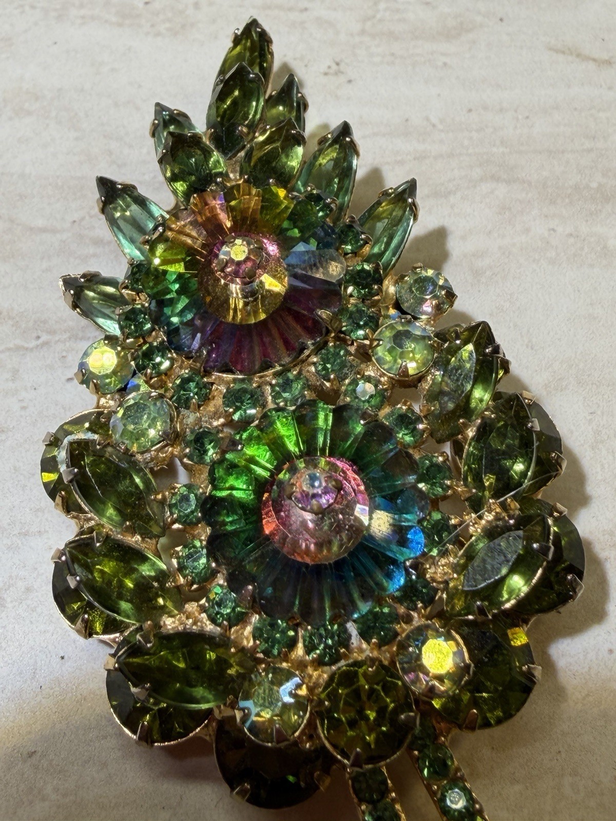 Vintage Juliana DeLizza Elster Green Rhinestone Floral Brooch Watermelon Rivoli