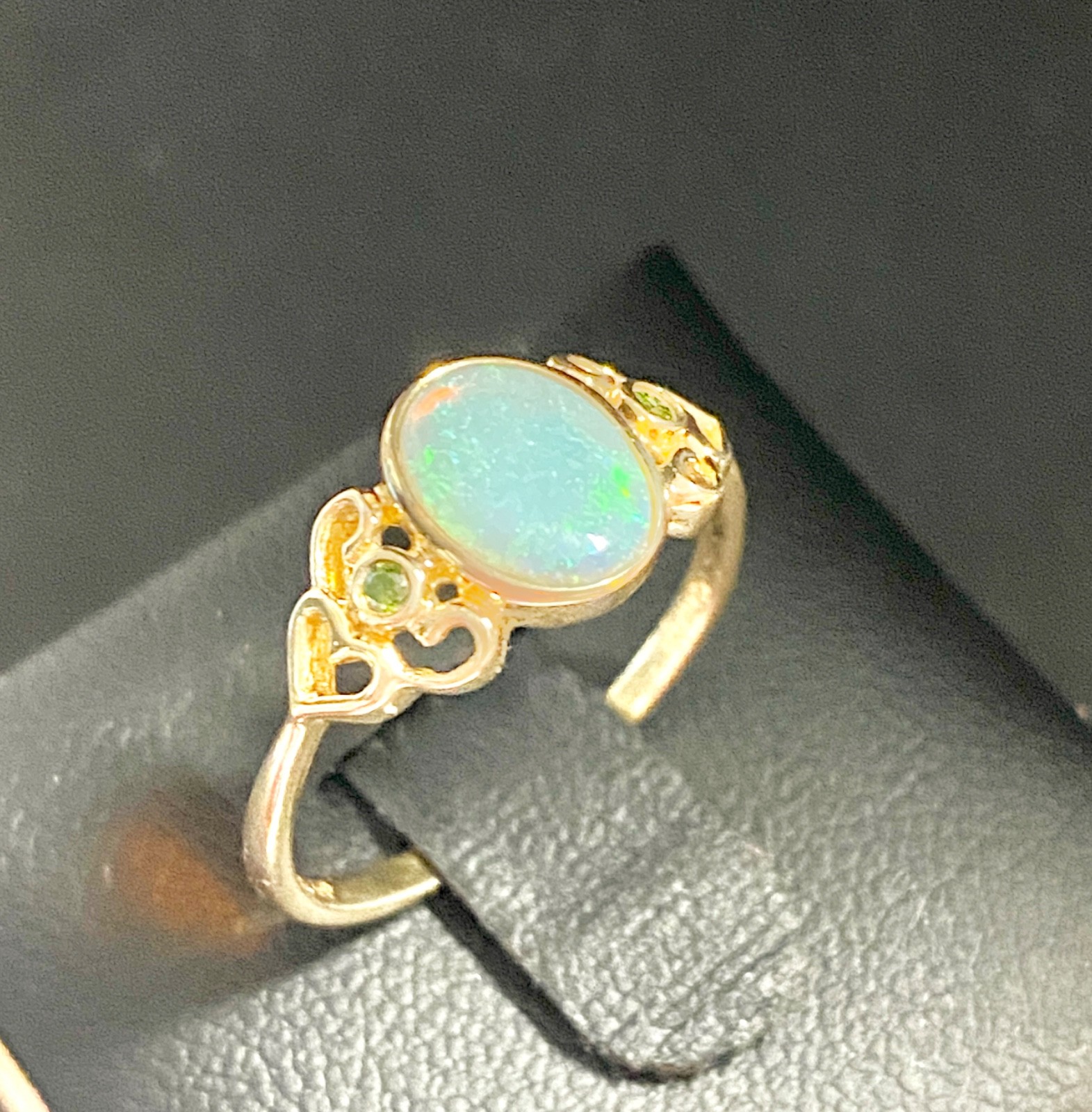 Vintage 14k Yellow Gold Heart Design Opal and Green Diamond Ring Size 7 to 7.25